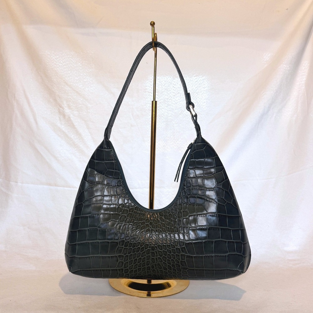 BY FAR Amber Dark Green Croc Embossed‎ Leather Shoulder Bag Hobo Made in Spain